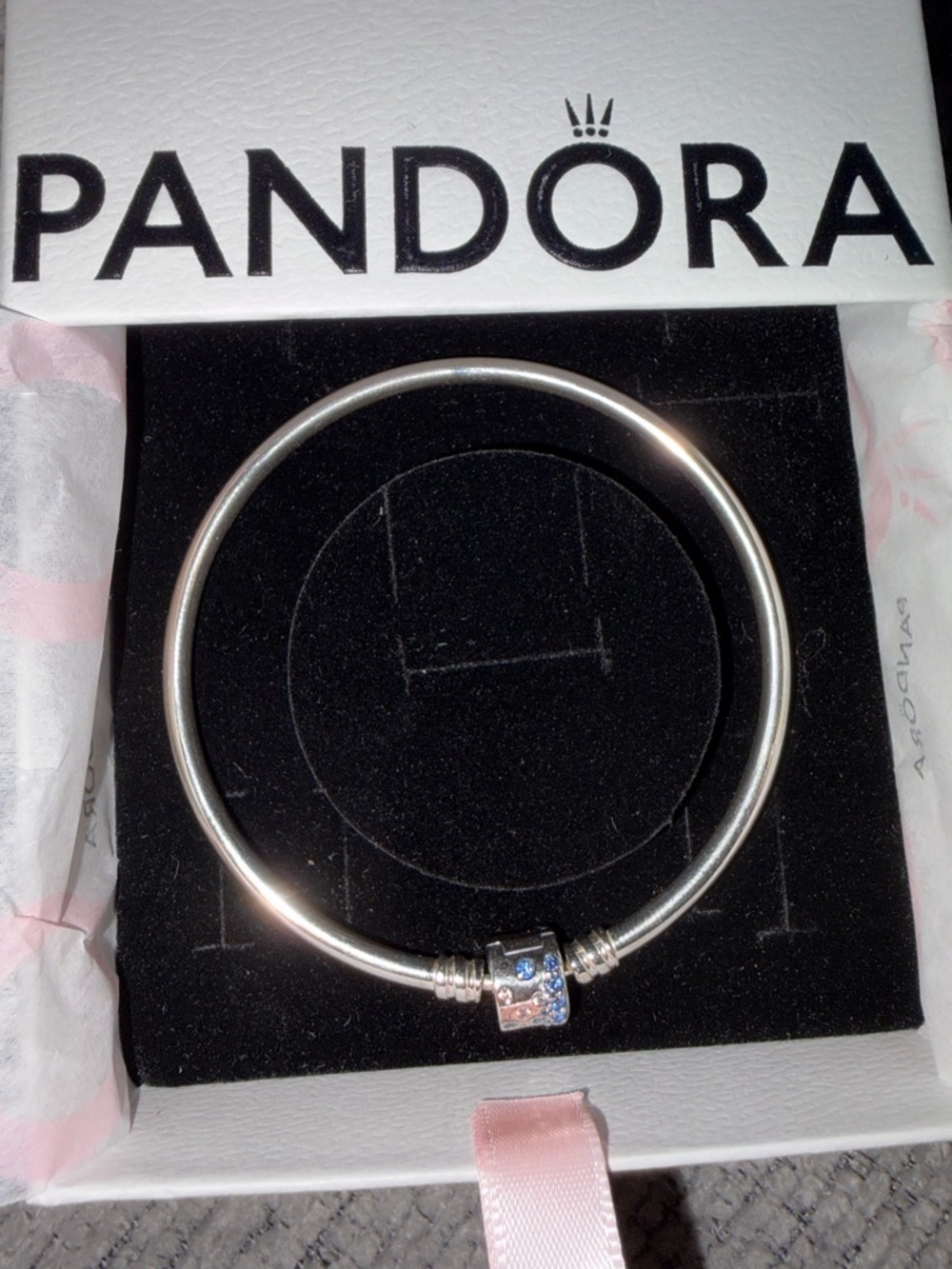 Pandora Silver Bracelet with Blue and White Crystal Clasp